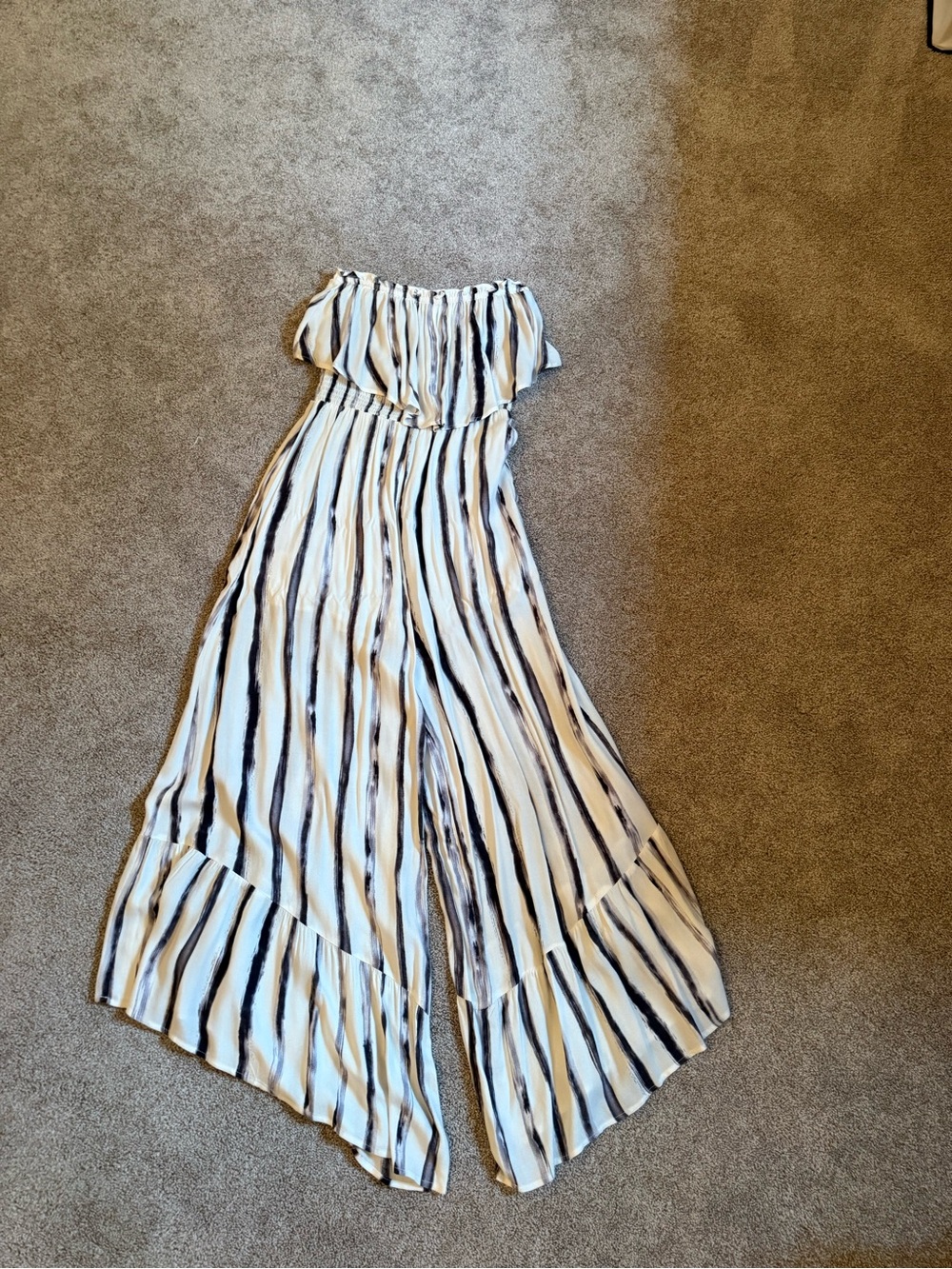 American Threads White & Dark Purple Striped Strapless Jumpsuit